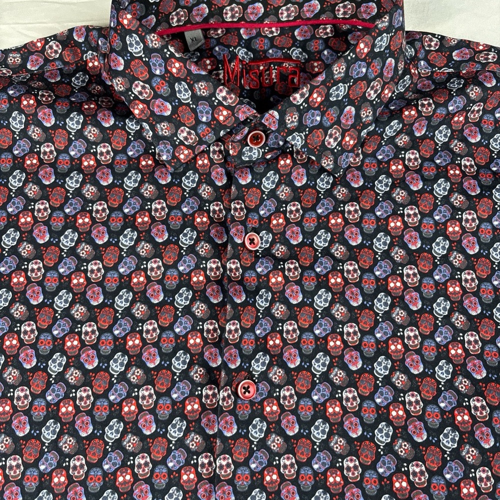 Misura Men’s Skull Print Shirt - Black with Red & White Skulls XL